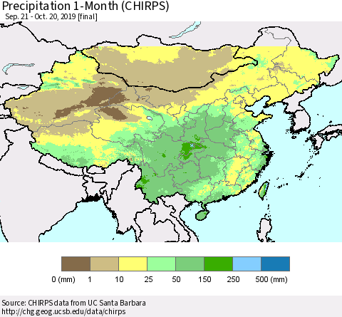 China, Mongolia and Taiwan Precipitation 1-Month (CHIRPS) Thematic Map For 9/21/2019 - 10/20/2019