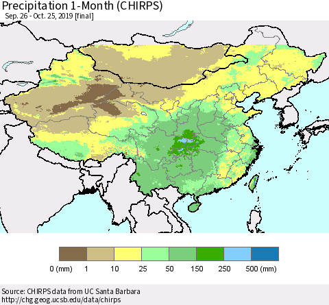 China, Mongolia and Taiwan Precipitation 1-Month (CHIRPS) Thematic Map For 9/26/2019 - 10/25/2019