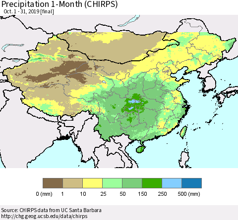 China, Mongolia and Taiwan Precipitation 1-Month (CHIRPS) Thematic Map For 10/1/2019 - 10/31/2019