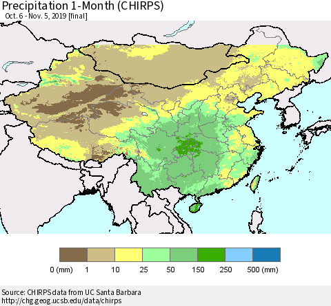 China and Taiwan Precipitation 1-Month (CHIRPS) Thematic Map For 10/6/2019 - 11/5/2019