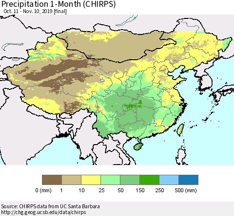 China, Mongolia and Taiwan Precipitation 1-Month (CHIRPS) Thematic Map For 10/11/2019 - 11/10/2019