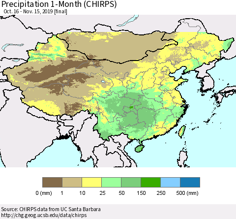 China and Taiwan Precipitation 1-Month (CHIRPS) Thematic Map For 10/16/2019 - 11/15/2019