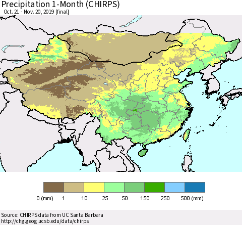 China, Mongolia and Taiwan Precipitation 1-Month (CHIRPS) Thematic Map For 10/21/2019 - 11/20/2019