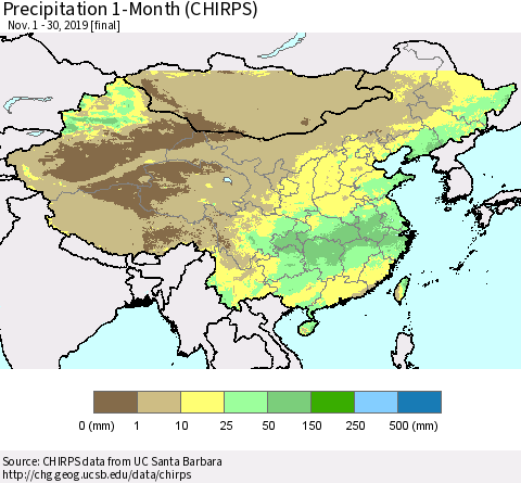 China, Mongolia and Taiwan Precipitation 1-Month (CHIRPS) Thematic Map For 11/1/2019 - 11/30/2019