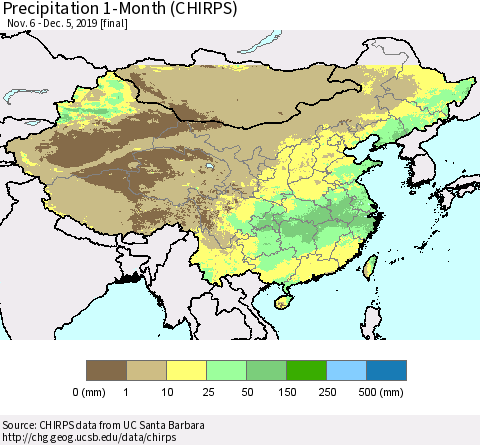 China, Mongolia and Taiwan Precipitation 1-Month (CHIRPS) Thematic Map For 11/6/2019 - 12/5/2019