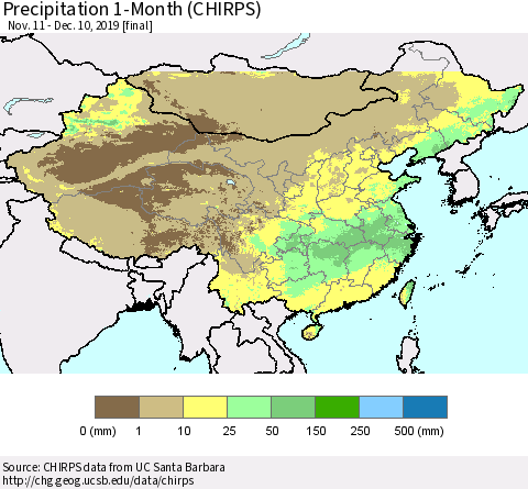 China, Mongolia and Taiwan Precipitation 1-Month (CHIRPS) Thematic Map For 11/11/2019 - 12/10/2019