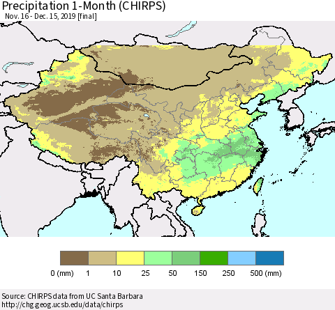China, Mongolia and Taiwan Precipitation 1-Month (CHIRPS) Thematic Map For 11/16/2019 - 12/15/2019