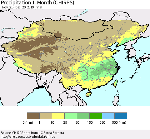 China, Mongolia and Taiwan Precipitation 1-Month (CHIRPS) Thematic Map For 11/21/2019 - 12/20/2019