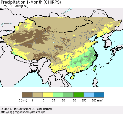 China, Mongolia and Taiwan Precipitation 1-Month (CHIRPS) Thematic Map For 12/1/2019 - 12/31/2019