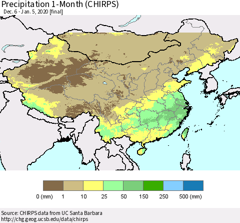 China, Mongolia and Taiwan Precipitation 1-Month (CHIRPS) Thematic Map For 12/6/2019 - 1/5/2020
