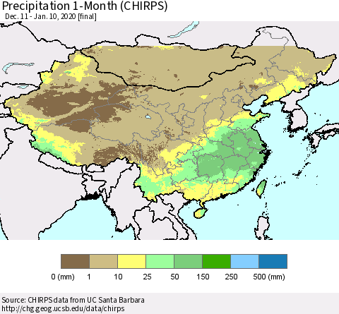 China, Mongolia and Taiwan Precipitation 1-Month (CHIRPS) Thematic Map For 12/11/2019 - 1/10/2020