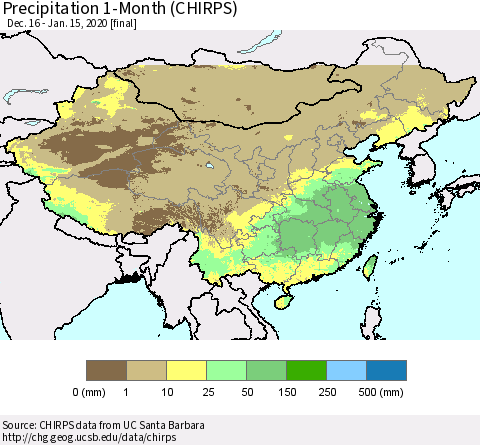 China, Mongolia and Taiwan Precipitation 1-Month (CHIRPS) Thematic Map For 12/16/2019 - 1/15/2020