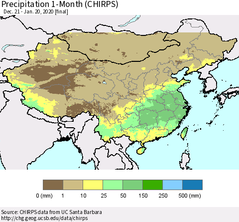 China, Mongolia and Taiwan Precipitation 1-Month (CHIRPS) Thematic Map For 12/21/2019 - 1/20/2020