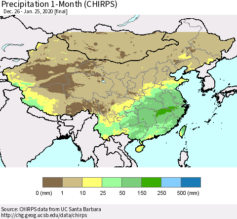 China, Mongolia and Taiwan Precipitation 1-Month (CHIRPS) Thematic Map For 12/26/2019 - 1/25/2020