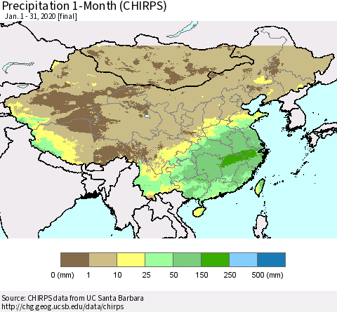 China, Mongolia and Taiwan Precipitation 1-Month (CHIRPS) Thematic Map For 1/1/2020 - 1/31/2020
