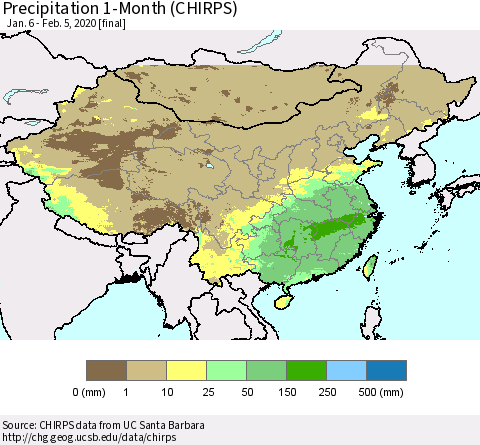 China, Mongolia and Taiwan Precipitation 1-Month (CHIRPS) Thematic Map For 1/6/2020 - 2/5/2020