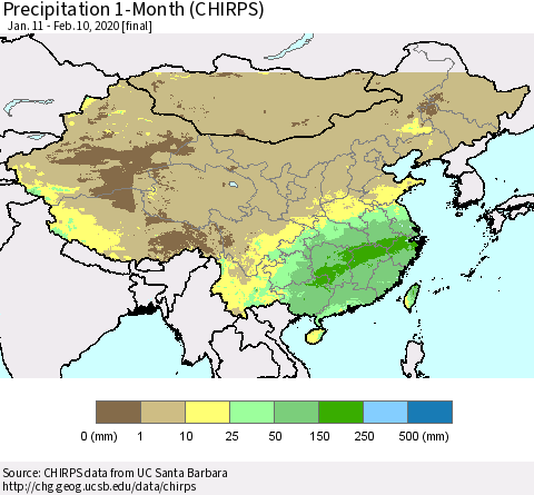 China, Mongolia and Taiwan Precipitation 1-Month (CHIRPS) Thematic Map For 1/11/2020 - 2/10/2020