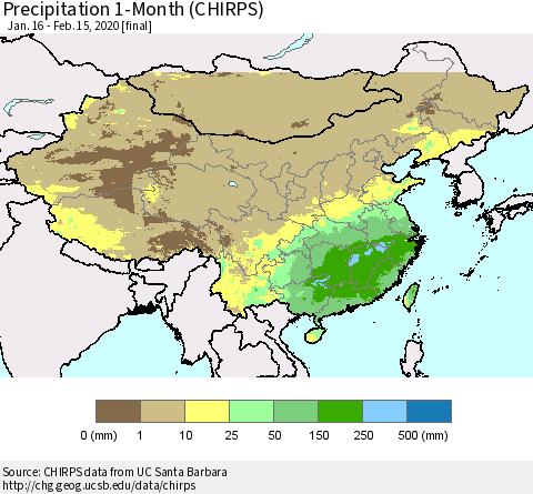 China, Mongolia and Taiwan Precipitation 1-Month (CHIRPS) Thematic Map For 1/16/2020 - 2/15/2020
