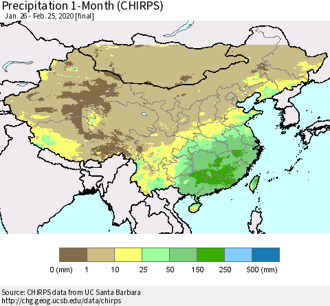 China, Mongolia and Taiwan Precipitation 1-Month (CHIRPS) Thematic Map For 1/26/2020 - 2/25/2020