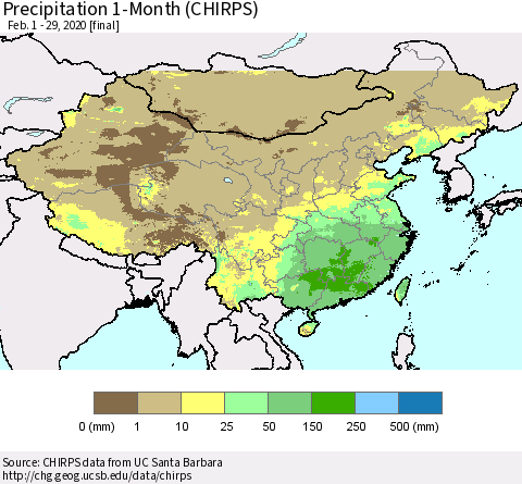 China, Mongolia and Taiwan Precipitation 1-Month (CHIRPS) Thematic Map For 2/1/2020 - 2/29/2020