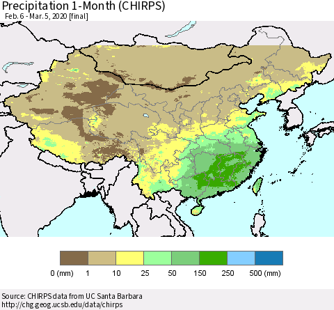 China, Mongolia and Taiwan Precipitation 1-Month (CHIRPS) Thematic Map For 2/6/2020 - 3/5/2020