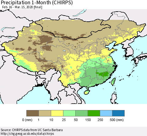 China, Mongolia and Taiwan Precipitation 1-Month (CHIRPS) Thematic Map For 2/16/2020 - 3/15/2020