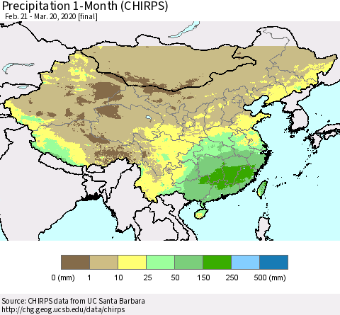 China, Mongolia and Taiwan Precipitation 1-Month (CHIRPS) Thematic Map For 2/21/2020 - 3/20/2020