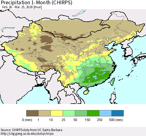 China, Mongolia and Taiwan Precipitation 1-Month (CHIRPS) Thematic Map For 2/26/2020 - 3/25/2020