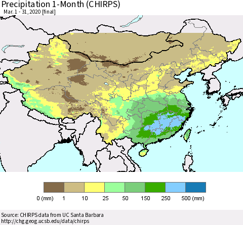 China, Mongolia and Taiwan Precipitation 1-Month (CHIRPS) Thematic Map For 3/1/2020 - 3/31/2020