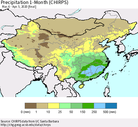 China, Mongolia and Taiwan Precipitation 1-Month (CHIRPS) Thematic Map For 3/6/2020 - 4/5/2020