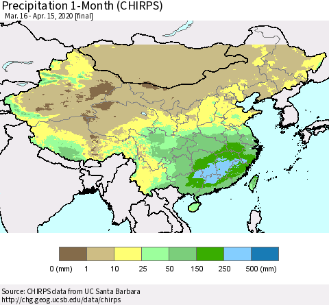 China, Mongolia and Taiwan Precipitation 1-Month (CHIRPS) Thematic Map For 3/16/2020 - 4/15/2020