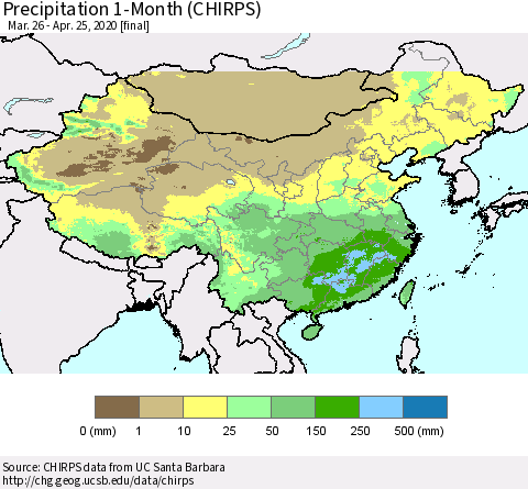China, Mongolia and Taiwan Precipitation 1-Month (CHIRPS) Thematic Map For 3/26/2020 - 4/25/2020