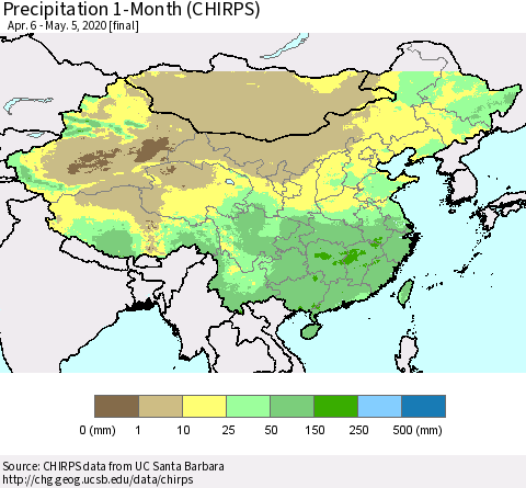 China, Mongolia and Taiwan Precipitation 1-Month (CHIRPS) Thematic Map For 4/6/2020 - 5/5/2020