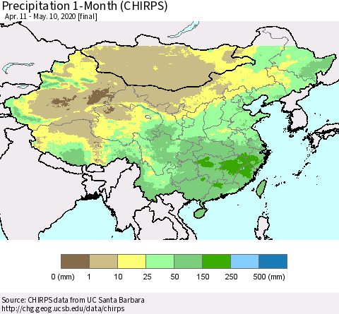 China, Mongolia and Taiwan Precipitation 1-Month (CHIRPS) Thematic Map For 4/11/2020 - 5/10/2020