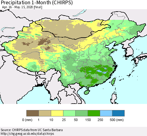 China, Mongolia and Taiwan Precipitation 1-Month (CHIRPS) Thematic Map For 4/16/2020 - 5/15/2020