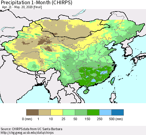 China, Mongolia and Taiwan Precipitation 1-Month (CHIRPS) Thematic Map For 4/21/2020 - 5/20/2020