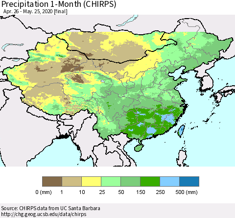China, Mongolia and Taiwan Precipitation 1-Month (CHIRPS) Thematic Map For 4/26/2020 - 5/25/2020