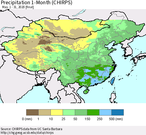 China, Mongolia and Taiwan Precipitation 1-Month (CHIRPS) Thematic Map For 5/1/2020 - 5/31/2020