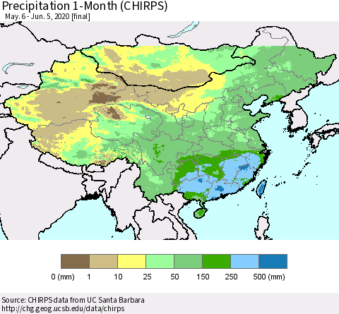 China, Mongolia and Taiwan Precipitation 1-Month (CHIRPS) Thematic Map For 5/6/2020 - 6/5/2020