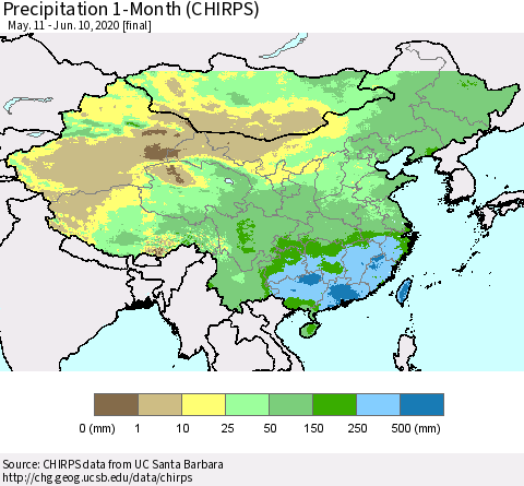 China, Mongolia and Taiwan Precipitation 1-Month (CHIRPS) Thematic Map For 5/11/2020 - 6/10/2020