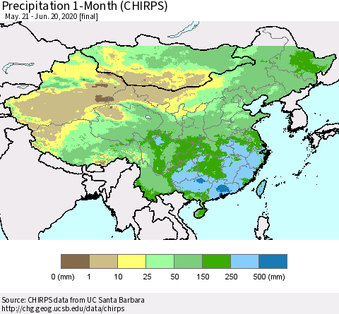 China, Mongolia and Taiwan Precipitation 1-Month (CHIRPS) Thematic Map For 5/21/2020 - 6/20/2020