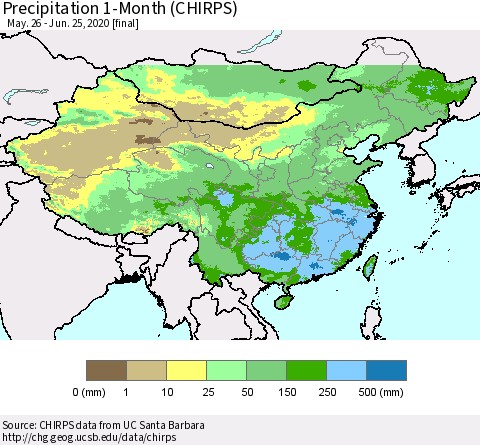 China, Mongolia and Taiwan Precipitation 1-Month (CHIRPS) Thematic Map For 5/26/2020 - 6/25/2020