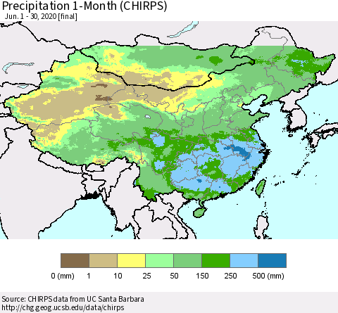 China, Mongolia and Taiwan Precipitation 1-Month (CHIRPS) Thematic Map For 6/1/2020 - 6/30/2020
