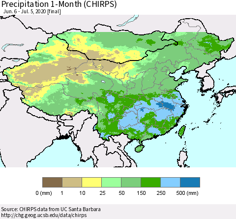 China, Mongolia and Taiwan Precipitation 1-Month (CHIRPS) Thematic Map For 6/6/2020 - 7/5/2020