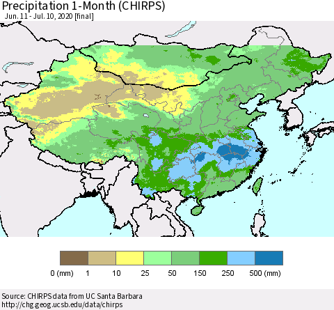 China, Mongolia and Taiwan Precipitation 1-Month (CHIRPS) Thematic Map For 6/11/2020 - 7/10/2020