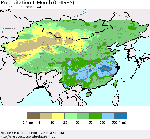 China, Mongolia and Taiwan Precipitation 1-Month (CHIRPS) Thematic Map For 6/16/2020 - 7/15/2020