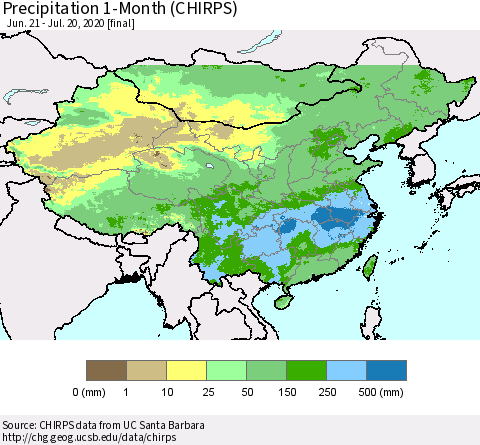 China, Mongolia and Taiwan Precipitation 1-Month (CHIRPS) Thematic Map For 6/21/2020 - 7/20/2020
