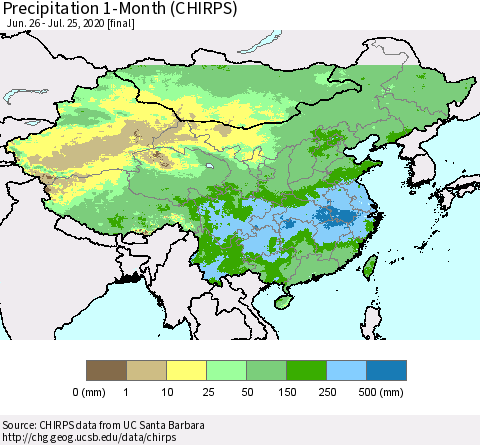 China, Mongolia and Taiwan Precipitation 1-Month (CHIRPS) Thematic Map For 6/26/2020 - 7/25/2020