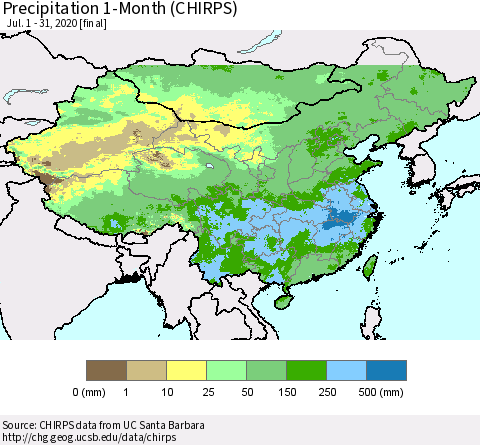 China, Mongolia and Taiwan Precipitation 1-Month (CHIRPS) Thematic Map For 7/1/2020 - 7/31/2020