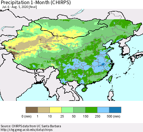 China, Mongolia and Taiwan Precipitation 1-Month (CHIRPS) Thematic Map For 7/6/2020 - 8/5/2020